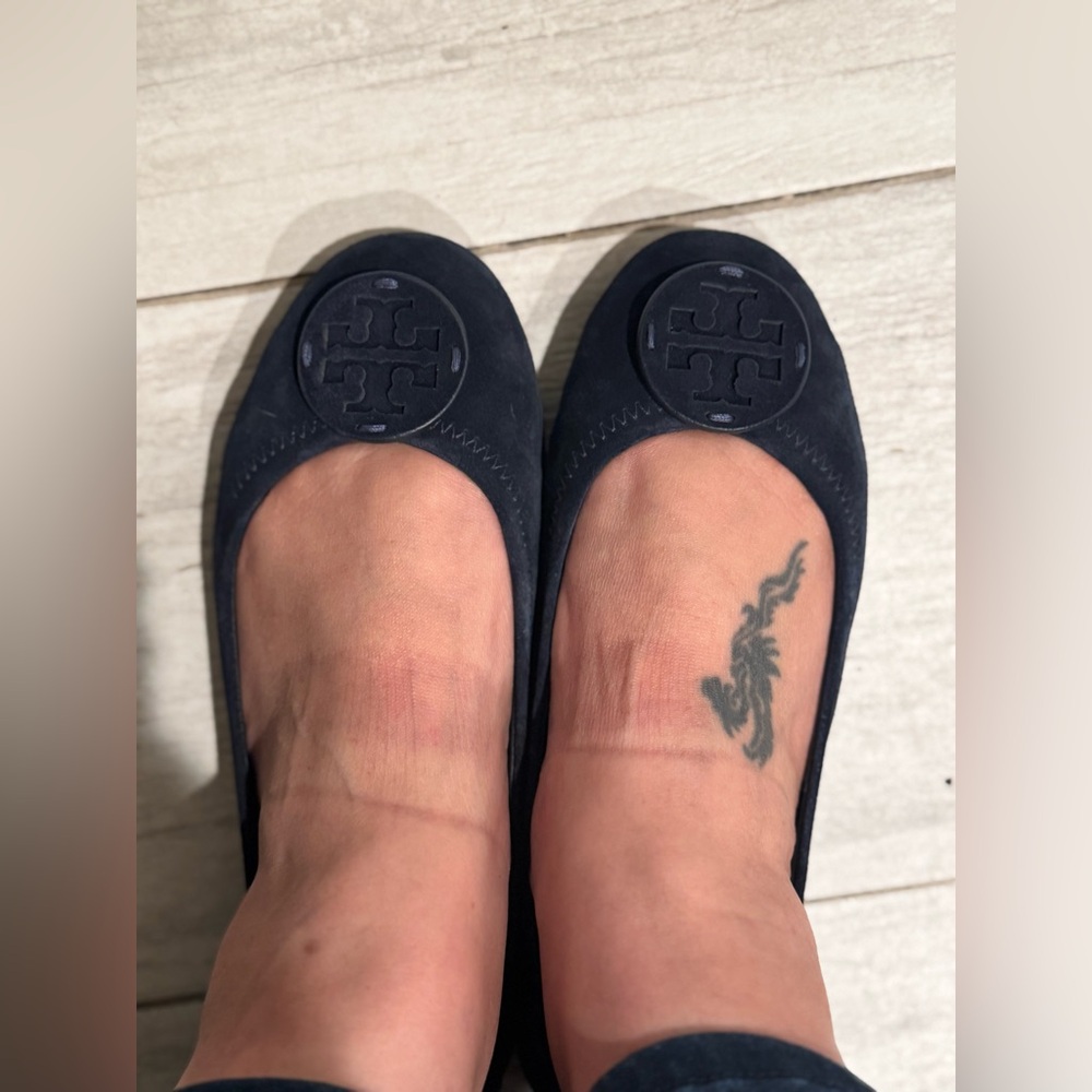Tory Burch Navy Blue Suede Flats with Medallion - Picture 7 of 8